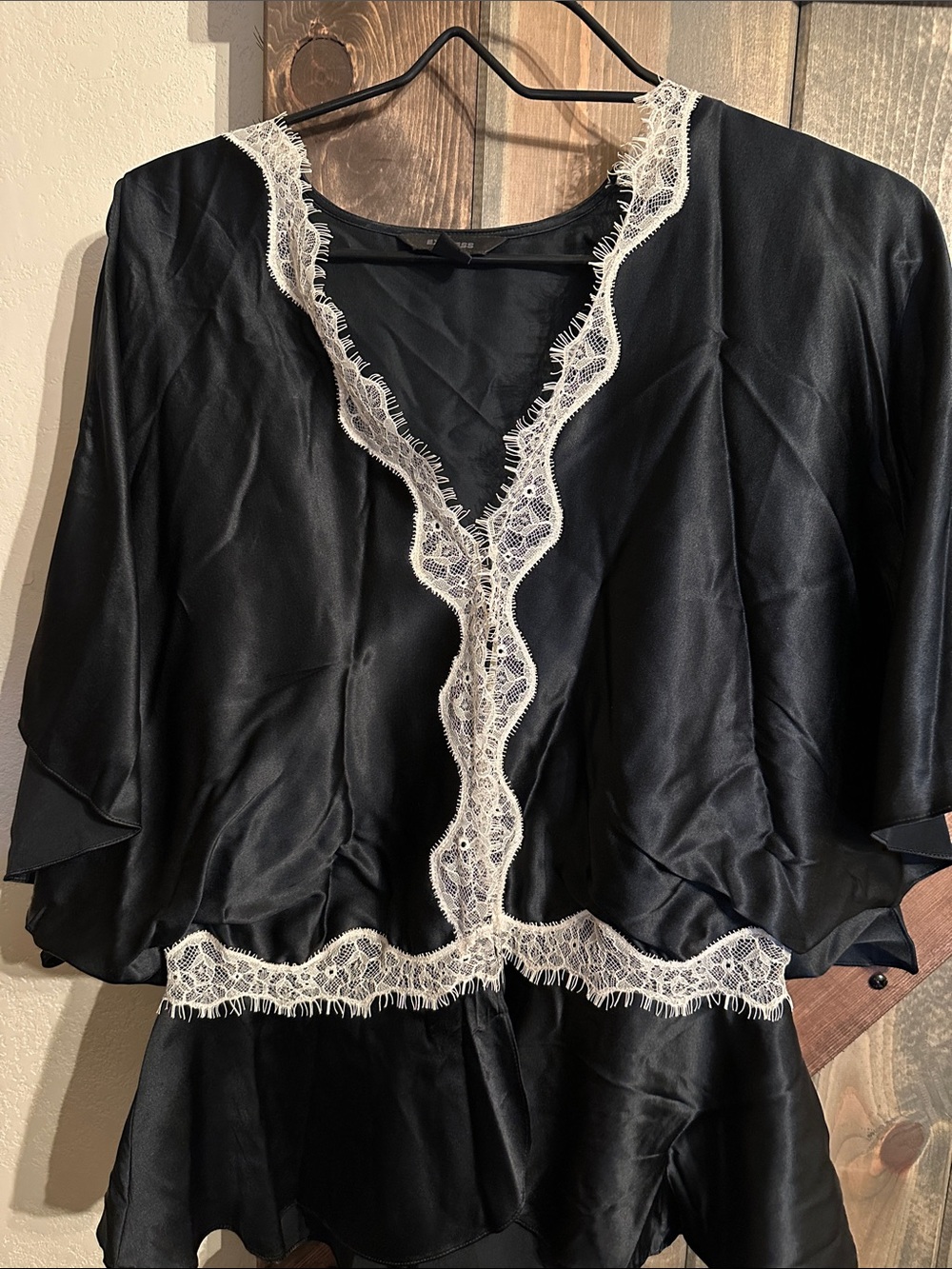 Black Silk Blend and Lace-Trim Blouse
